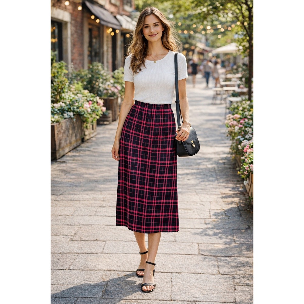 Bechamel Red Black Plaid Preppy Maxi‎ Skirt Elastic Waist 90s Y2K Size L Vintage
